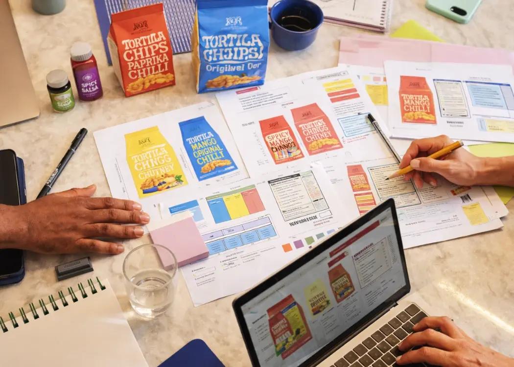 Equipo trabajando sobre la estrategia, el diseño y la información de un producto alimentario